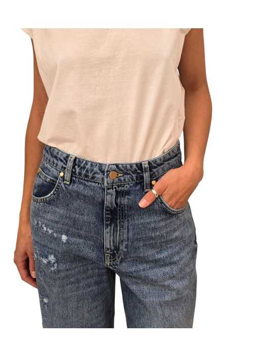 Jeans droit poche plaquée arrière toile enduite navy Jansen QP28 Essentiel Antwerp femme ceinture