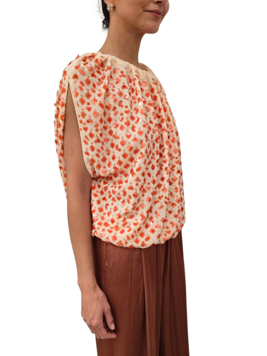 TOP ASYMETRIQUE BEURRE SEQUINS ORANGES PERLES JOCELYN J1OW Essentiel Antwerp femme createur mode fashion strasbourg