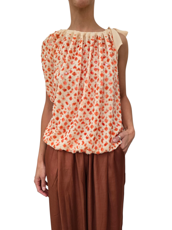 TOP ASYMETRIQUE BEURRE SEQUINS ORANGES PERLES JOCELYN J1OW Essentiel Antwerp femme createur mode fashion strasbourg
