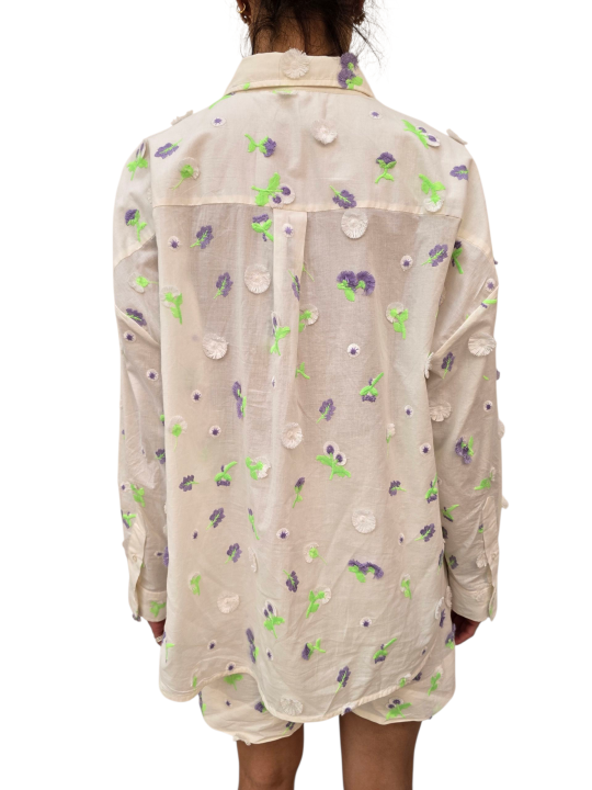 CHEMISE BLANCHE VOILE FLEURS BRODEES SEQUINS LILAS VERT JIMENA J10W Essentiel Antwerp femme createur mode fashion strasbourg