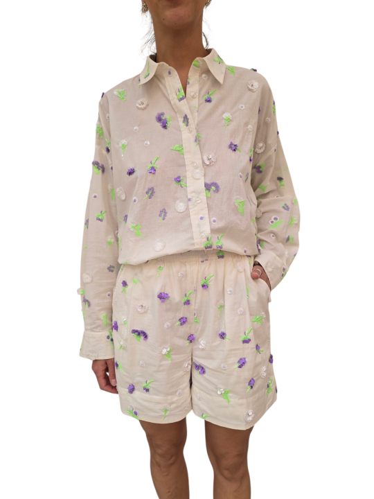 SHORT BLANC VOILE BRODE FLEURS SEQUINS LILAS VERT JELENA J10W Essentiel Antwerp femme createur mode fashion strasbourg