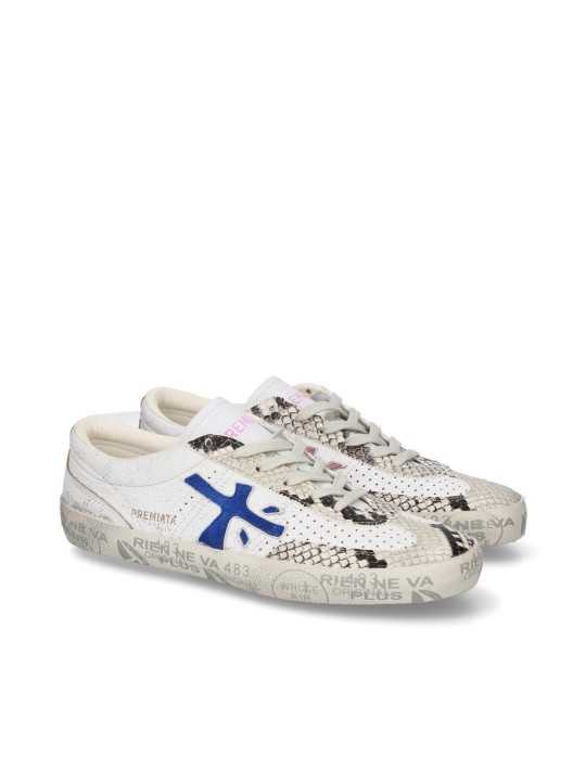 SNEAKERS CUIR CRAQUELE BLANC SERPENT ECRU NOIR LOGO BLEU ROSE DAVID 8104 PREMIATA femme boutique Strasbourg duo
