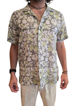 CHEMISETTE PRINT ROSES OLIVIER VERTE DE GRIS BLANC COTON LIN U4005 C5612 71 UNGARO homme vêtement one