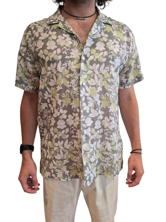 CHEMISETTE PRINT ROSES OLIVIER VERTE DE GRIS BLANC COTON LIN U4005 C5612 71 UNGARO homme vêtement one