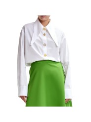 CHEMISE UNIE BLANCHE COL PELLE A TARTE BOUTONS BIJOUX JOMATO WH00 Essentiel Antwerp créateur mode fashion Strasbourg porté