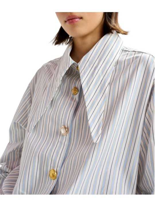 CHEMISE RAYEE BLANC CIEL BEIGE COL PELLE A TARTE BOUTONS BIJOUX JOMATO ESSENTIEL ANTWERP femme vêtement col