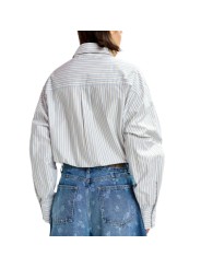 CHEMISE RAYEE BLANC CIEL BEIGE COL PELLE A TARTE BOUTONS BIJOUX JOMATO ESSENTIEL ANTWERP femme vêtement dos