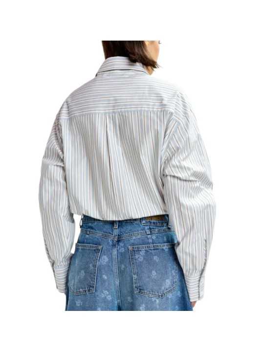CHEMISE RAYEE BLANC CIEL BEIGE COL PELLE A TARTE BOUTONS BIJOUX JOMATO ESSENTIEL ANTWERP femme vêtement dos