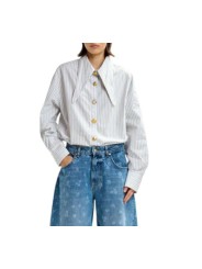 CHEMISE RAYEE BLANC CIEL BEIGE COL PELLE A TARTE BOUTONS BIJOUX JOMATO ESSENTIEL ANTWERP femme vêtement vue