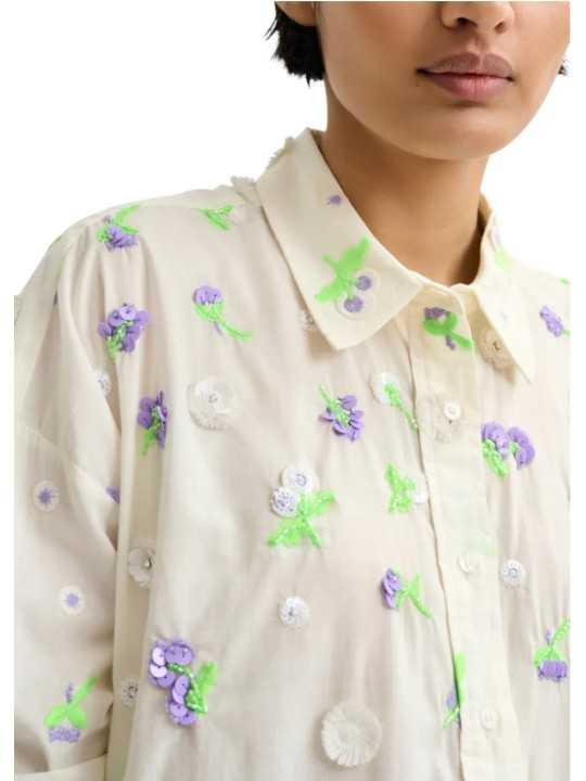 CHEMISE BLANCHE VOILE FLEURS BRODEES SEQUINS LILAS VERT JIMENA J10W Essentiel Antwerp femme createur mode fashion strasbourg