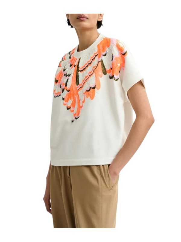 SWEAT BLANC SEQUINS ORANGE MANCHES COURTES JOLIES J2OW Essentiel Antwerp femme createur mode fashion strasbourg