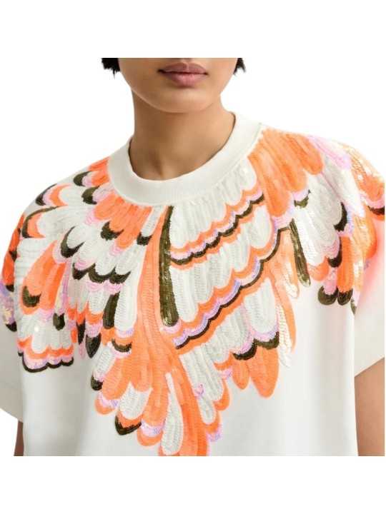 SWEAT BLANC SEQUINS ORANGE MANCHES COURTES JOLIES J2OW Essentiel Antwerp femme createur mode fashion strasbourg vue