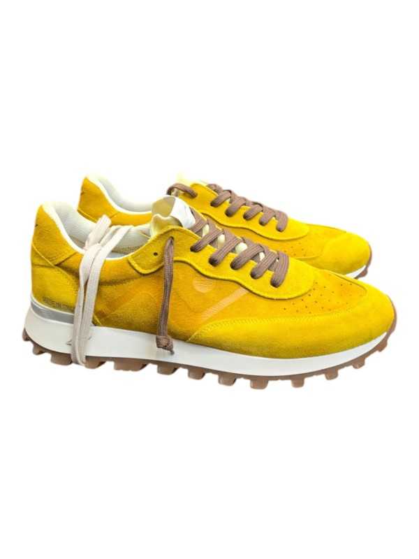 Baskets Veloce suède jaune lacets choco 407 No Map Society Homme boutique Strasbourg face