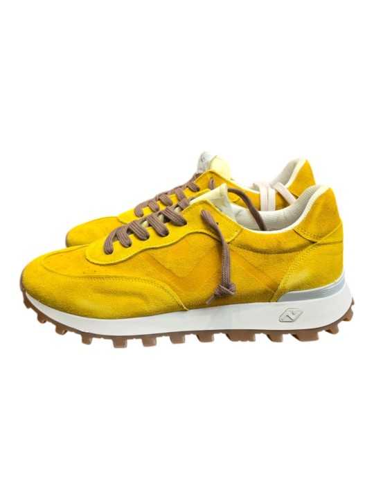Baskets Veloce suède jaune lacets choco 407 No Map Society Homme boutique Strasbourg côté