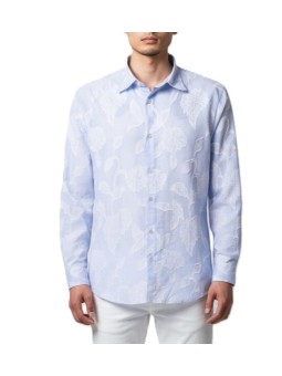 CHEMISE RAYEE BLANC CIEL FLEURS APPLIQUEES BLANCHES B356017 3924 6757 BALDESSARINi homme Strasbourg porté