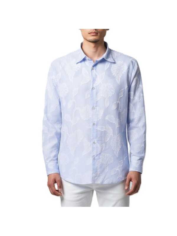 CHEMISE RAYEE BLANC CIEL FLEURS APPLIQUEES BLANCHES B356017 3924 6757 BALDESSARINi homme Strasbourg porté