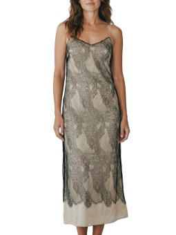 Robe beige satin et dentelle noire bretelles fine Isabel Benenato Femme DW912S26 boutique face