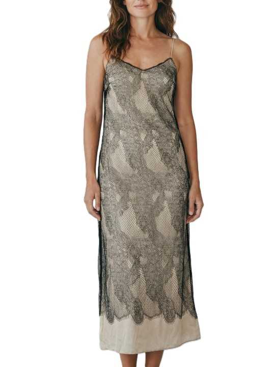 Robe beige satin et dentelle noire bretelles fine Isabel Benenato Femme DW912S26 boutique face