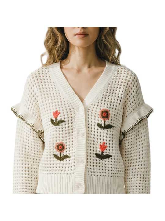 GILET CROCHET FLEURS BRODEES VERT ORANGE W2R 811N V31452 02 PAUL SMITH FEMME boutique Strasbourg col