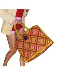 SAC CABAS ARCHI RAPHIA LOSANGES ORANGE JAUNE ROSE 4472 CLARIS VIROT bag porté