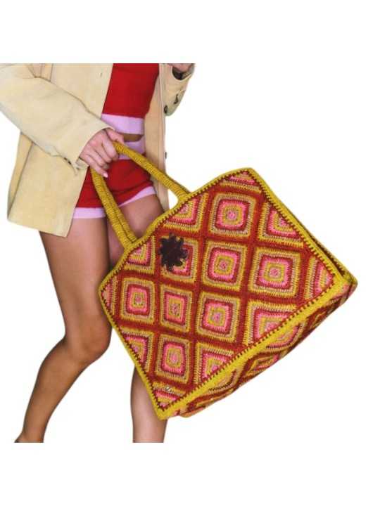 SAC CABAS ARCHI RAPHIA LOSANGES ORANGE JAUNE ROSE 4472 CLARIS VIROT bag porté