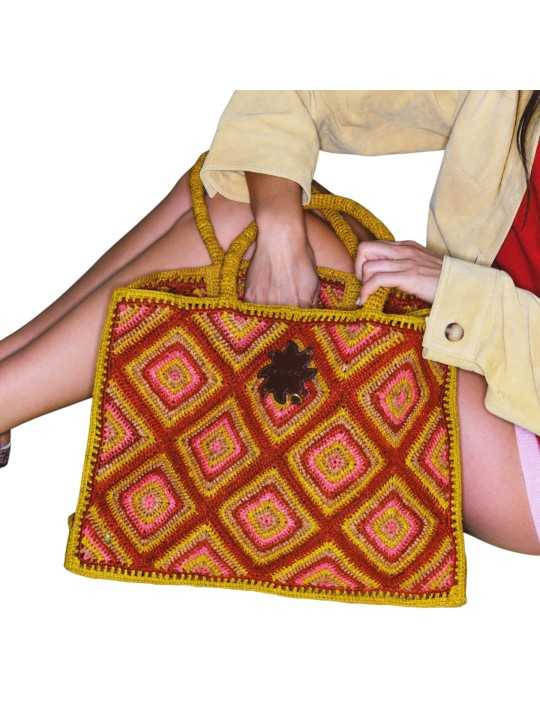 SAC CABAS ARCHI RAPHIA LOSANGES ORANGE JAUNE ROSE 4472 CLARIS VIROT bag look