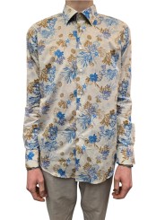 CHEMISE PRINT CORAUX SABLE BLEU CAMEL COTON STRETCH U4001 C5613 54 UNGARO HOMME Strasbourg boutique shop store face