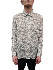 CHEMISE LIN PRINT FEUILLE OLIVIER BLANC VERT CAMEL U4026 C5611 34 UNGARO HOMME vêtement boutique Strasbourg shop store look