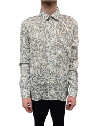 CHEMISE LIN PRINT FEUILLE OLIVIER BLANC VERT CAMEL U4026 C5611 34 UNGARO HOMME vêtement boutique Strasbourg shop store face