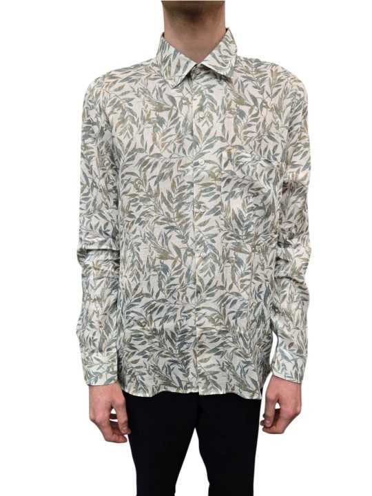 CHEMISE LIN PRINT FEUILLE OLIVIER BLANC VERT CAMEL U4026 C5611 34 UNGARO HOMME vêtement boutique Strasbourg shop store face