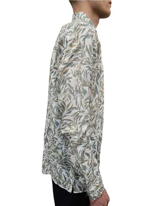 CHEMISE LIN PRINT FEUILLE OLIVIER BLANC VERT CAMEL U4026 C5611 34 UNGARO HOMME vêtement boutique Strasbourg shop store profil