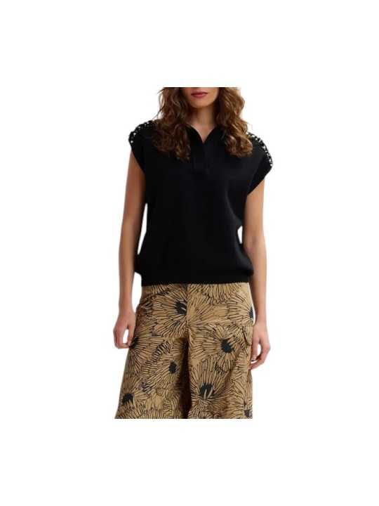 POLO JOLINE SANS MANCHES NOIR EPAULES ORNEES BLANC CASSE JOLINEBL34 ESSENTIEL ANTWERP face