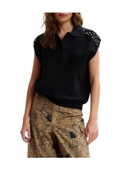 POLO JOLINE SANS MANCHES NOIR EPAULES ORNEES BLANC CASSE JOLINEBL34 ESSENTIEL ANTWERP face 2