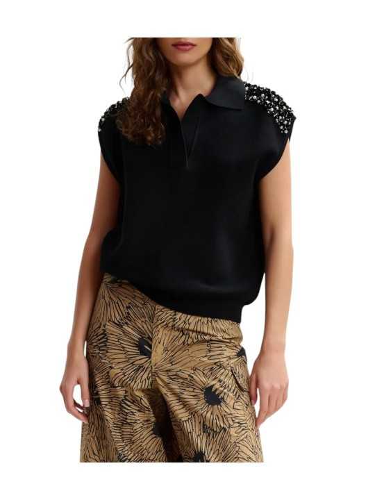 POLO JOLINE SANS MANCHES NOIR EPAULES ORNEES BLANC CASSE JOLINEBL34 ESSENTIEL ANTWERP face 2