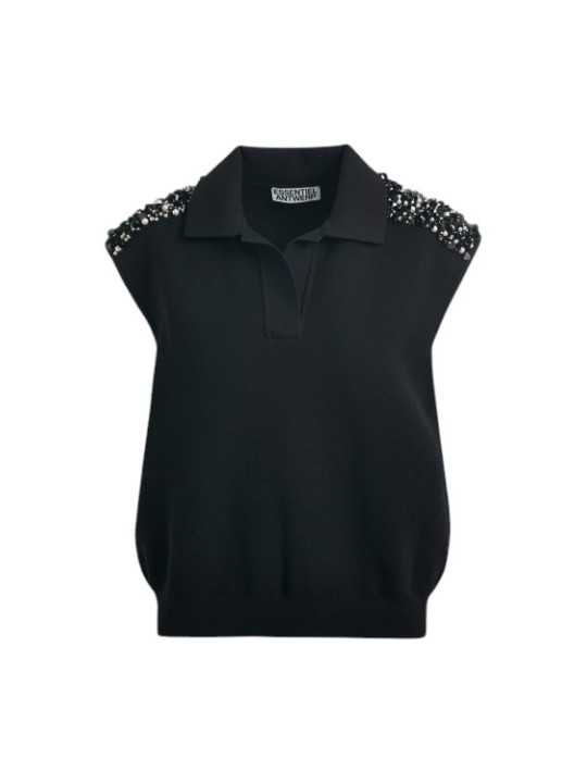 POLO JOLINE SANS MANCHES NOIR EPAULES ORNEES BLANC CASSE JOLINEBL34 ESSENTIEL ANTWERP solo