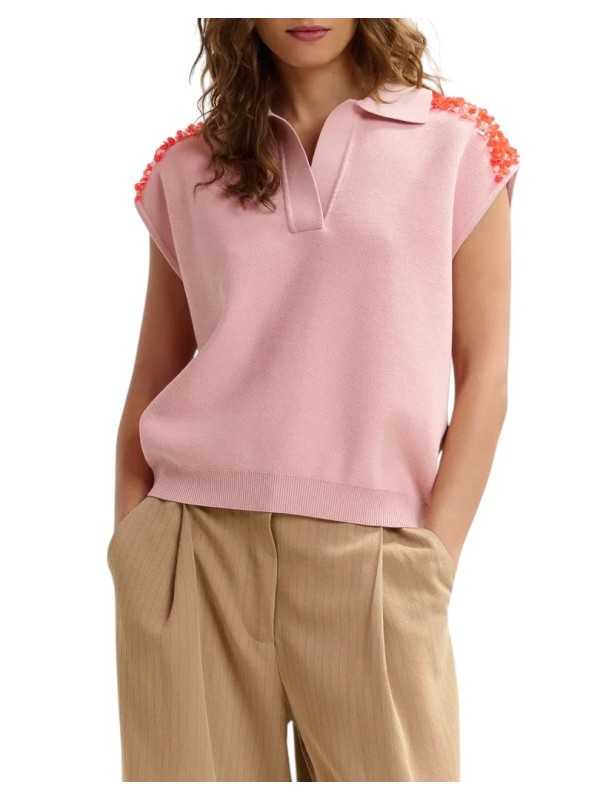 POLO JOLINE SANS MANCHES ROSE CLAIR A EPAULES ORNEES ORANGE JOLINESP19 ESSENTIEL ANTWERP face