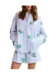 Chemise rayé blanc bleu fleurs vertes sequins Jalinki J1CO Essentiel Antwerp femme boutique Strasbourg shop store front