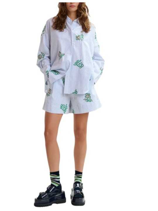 Chemise rayé blanc bleu fleurs vertes sequins Jalinki J1CO Essentiel Antwerp femme boutique Strasbourg shop store look