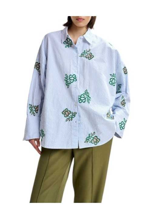 Chemise rayé blanc bleu fleurs vertes sequins Jalinki J1CO Essentiel Antwerp femme boutique Strasbourg shop store dvt