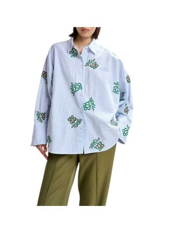 Chemise rayé blanc bleu fleurs vertes sequins Jalinki J1CO Essentiel Antwerp femme boutique Strasbourg shop store dvt