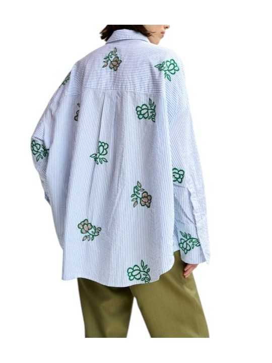 Chemise rayé blanc bleu fleurs vertes sequins Jalinki J1CO Essentiel Antwerp femme boutique Strasbourg shop store arr