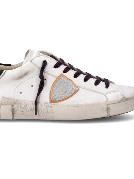SNEAKERS PARIS CUIR BLANC LOGO ARGENT ORANGE PRLU WX58 PHILIPPE MODEL HOMME baskets boutique Strasbourg store shop logo
