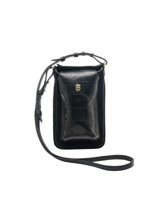 Porte téléphone suède cuir damier noir Misha Claris Virot 4539 MISHA CHECK EMBOSSE NOIR boutique Strasbourg shop store sac