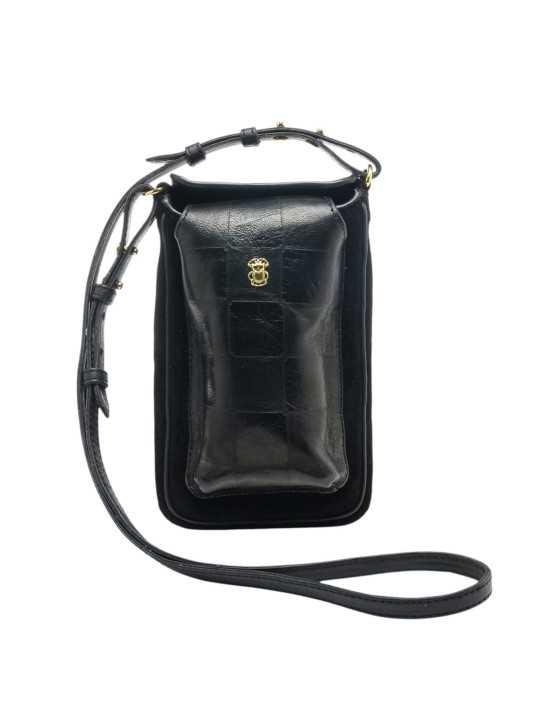 Porte téléphone suède cuir damier noir Misha Claris Virot 4539 MISHA CHECK EMBOSSE NOIR boutique Strasbourg shop store sac front