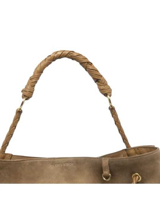 Sac Denise sangle tressée réglable suède taupe Claris Virot 4633 boutique Strasbourg store shop online bag zoom