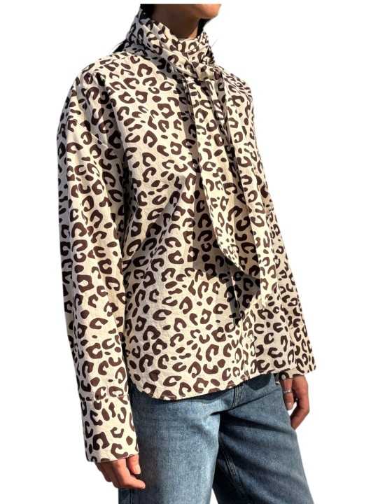 CHEMISE LAVALLIERE LEOPARD BLANCHE MARRON KHALEESI K3BA Strasbourg Fashion côté