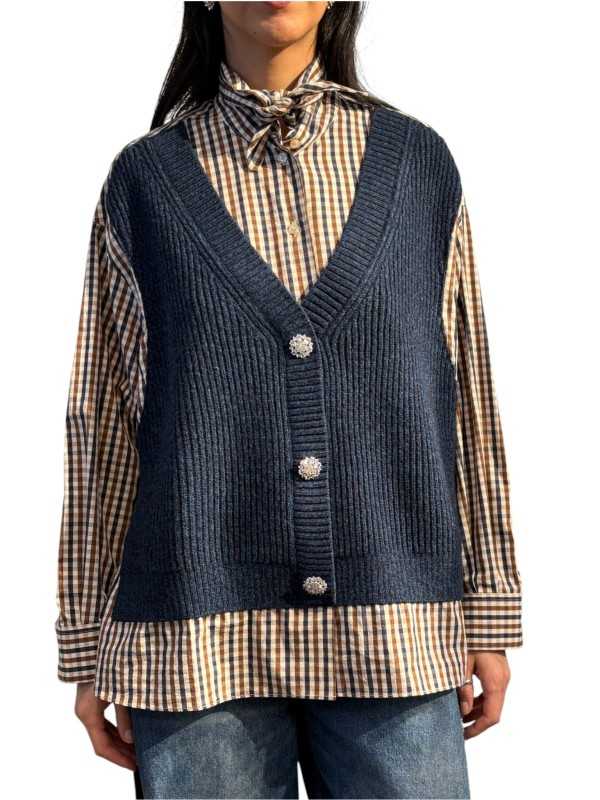 CHEMISE CARREAUX BLEU MARRON MAILLE NAVY BIJOUX KUTE K2KQ Strasbourg fashion avant