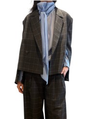 VESTE COURTE TAILLEUR CROISE CARREAUX GRIS CIEL KIANA K2CH Strasbourg Fashion avant