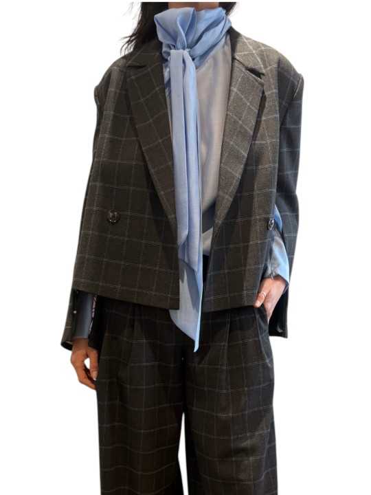 VESTE COURTE TAILLEUR CROISE CARREAUX GRIS CIEL KIANA K2CH Strasbourg Fashion avant