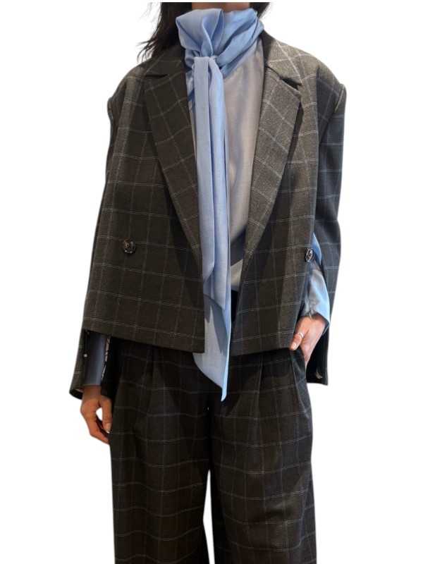 VESTE COURTE TAILLEUR CROISE CARREAUX GRIS CIEL KIANA K2CH Strasbourg Fashion avant